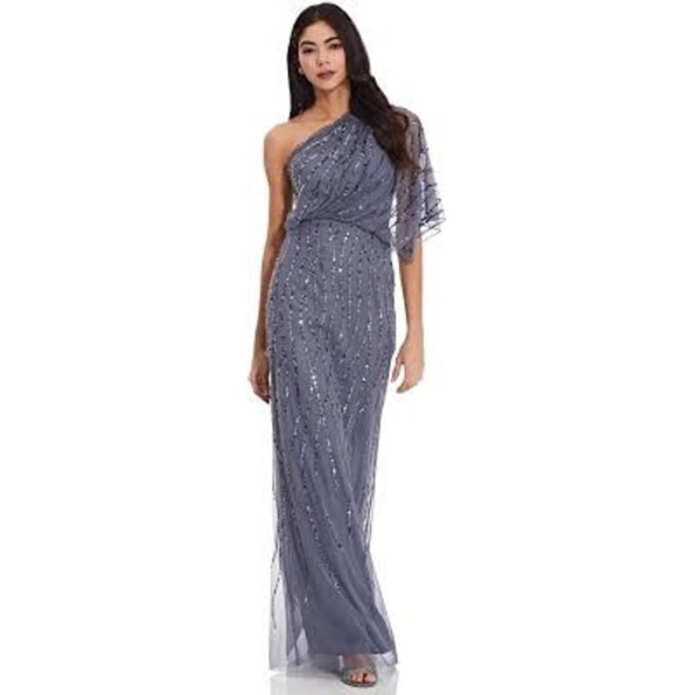 Adrianna Papell One Shoulder Sequin Gown Dusty Blue AP1E207598 NWT